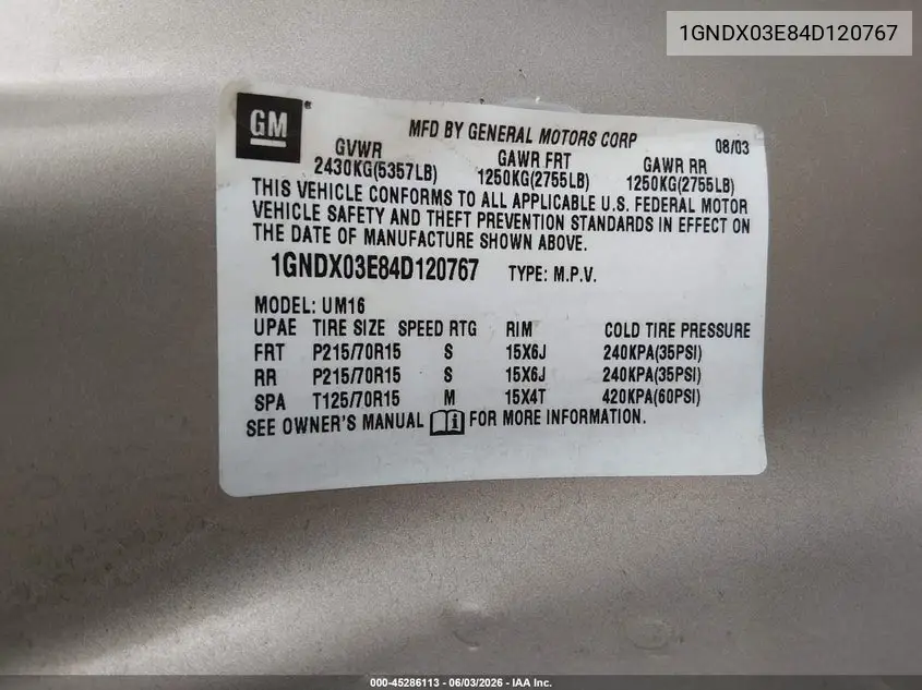 2004 Chevrolet Venture Ls VIN: 1GNDX03E84D120767 Lot: 45286113
