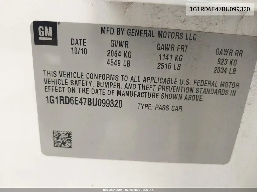 2011 Chevrolet Volt VIN: 1G1RD6E47BU099320 Lot: 45619901