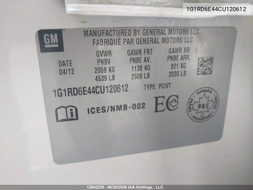 2012 Chevrolet Volt VIN: 1G1RD6E44CU120612 Lot: 12642238x