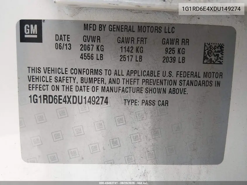 2013 Chevrolet Volt VIN: 1G1RD6E4XDU149274 Lot: 45462741