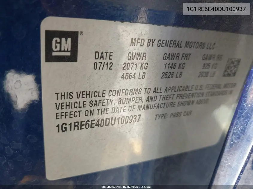 2013 Chevrolet Volt VIN: 1G1RE6E40DU100937 Lot: 45567618