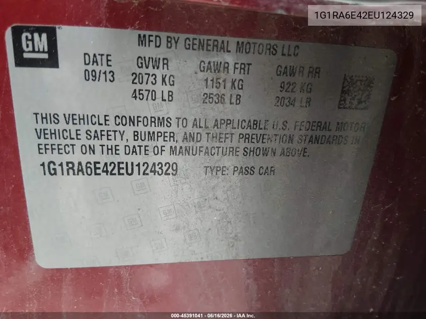 2014 Chevrolet Volt VIN: 1G1RA6E42EU124329 Lot: 45391041