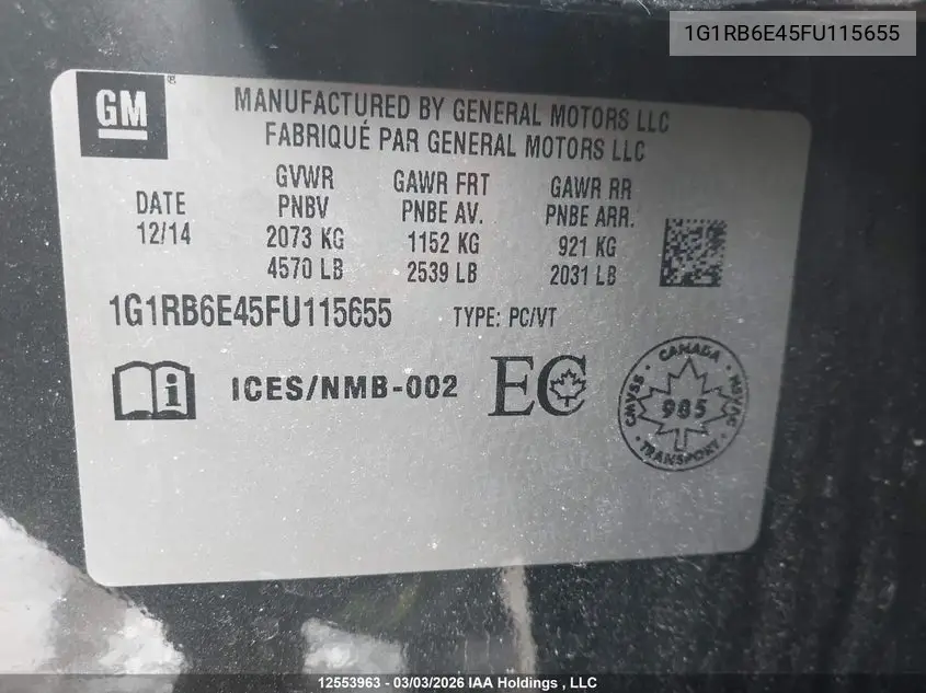 2015 Chevrolet Volt VIN: 1G1RB6E45FU115655 Lot: 12553963