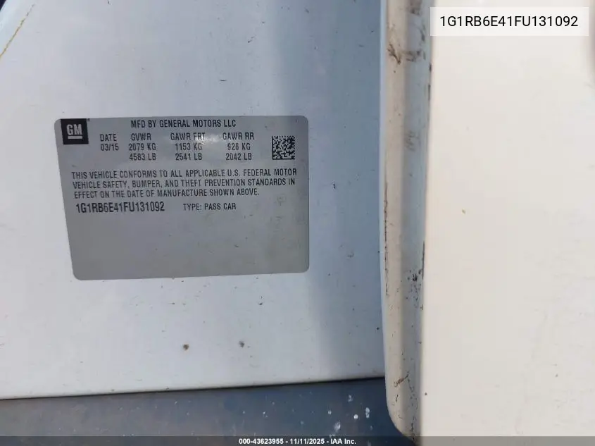 1G1RB6E41FU131092 2015 Chevrolet Volt