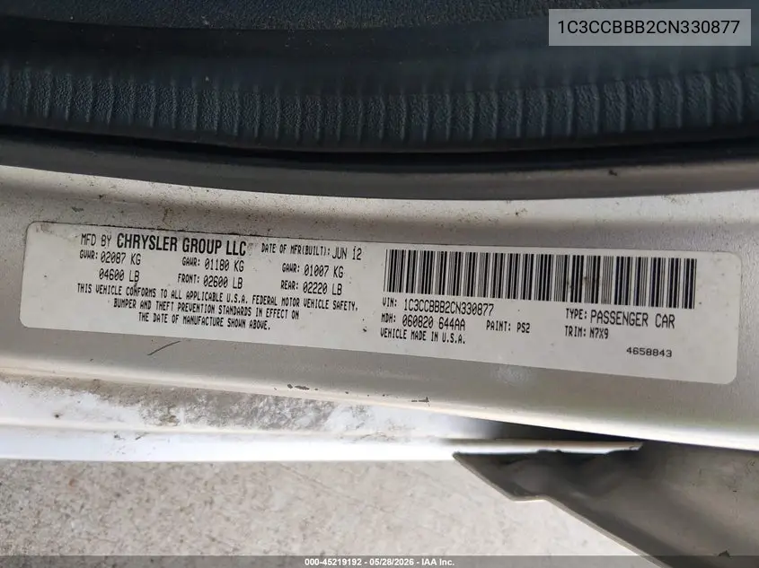 2012 Chrysler 200 Touring VIN: 1C3CCBBB2CN330877 Lot: 45219192
