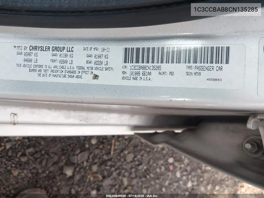 2012 Chrysler 200 Lx VIN: 1C3CCBAB8CN135285 Lot: 45649558
