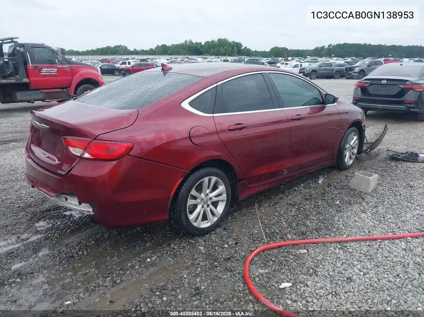 2016 Chrysler 200 Limited VIN: 1C3CCCAB0GN138953 Lot: 45385403