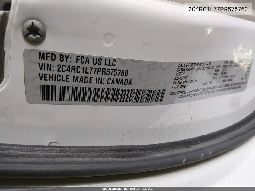 2023 Chrysler Pacifica Hybrid Touring L VIN: 2C4RC1L77PR575760 Lot: 45389686