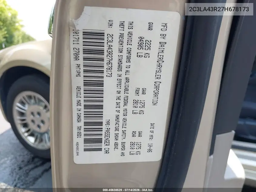 2007 Chrysler 300 VIN: 2C3LA43R27H678173 Lot: 45638529