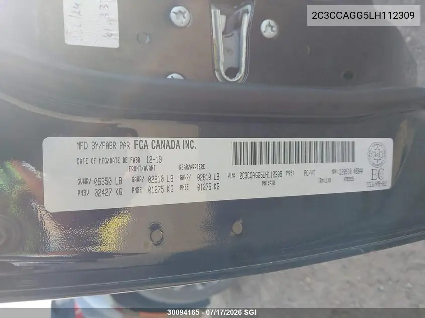 2020 Chrysler 300 S VIN: 2C3CCAGG5LH112309 Lot: 30094165
