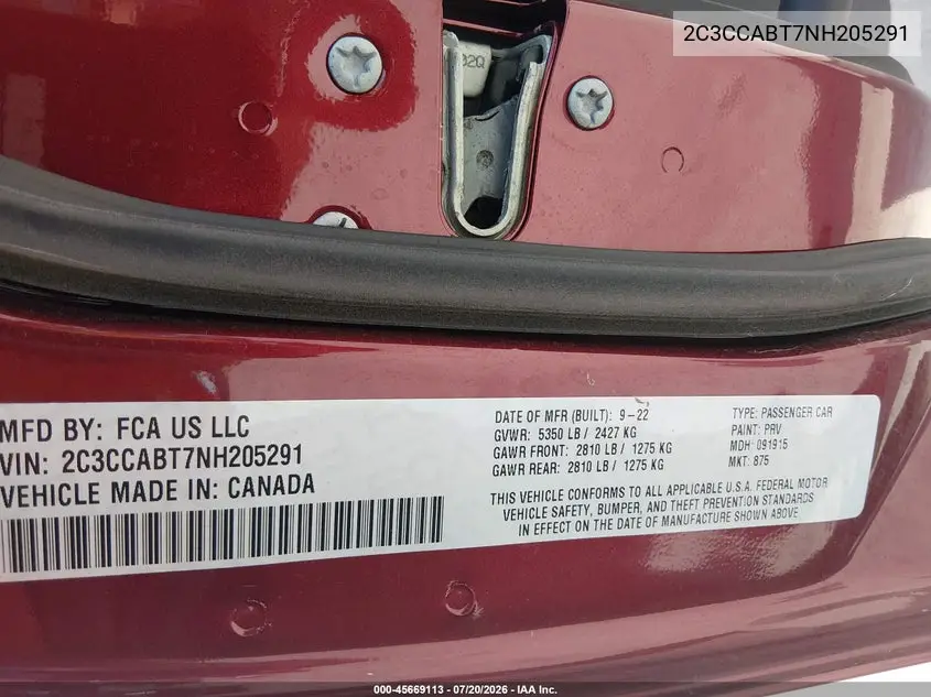 2022 Chrysler 300 S VIN: 2C3CCABT7NH205291 Lot: 45669113