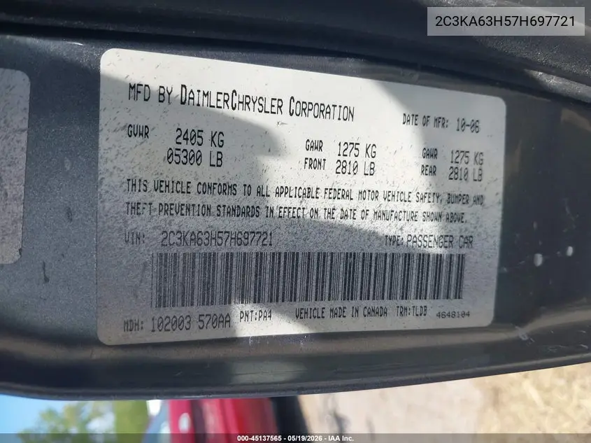 2007 Chrysler 300C VIN: 2C3KA63H57H697721 Lot: 45137565