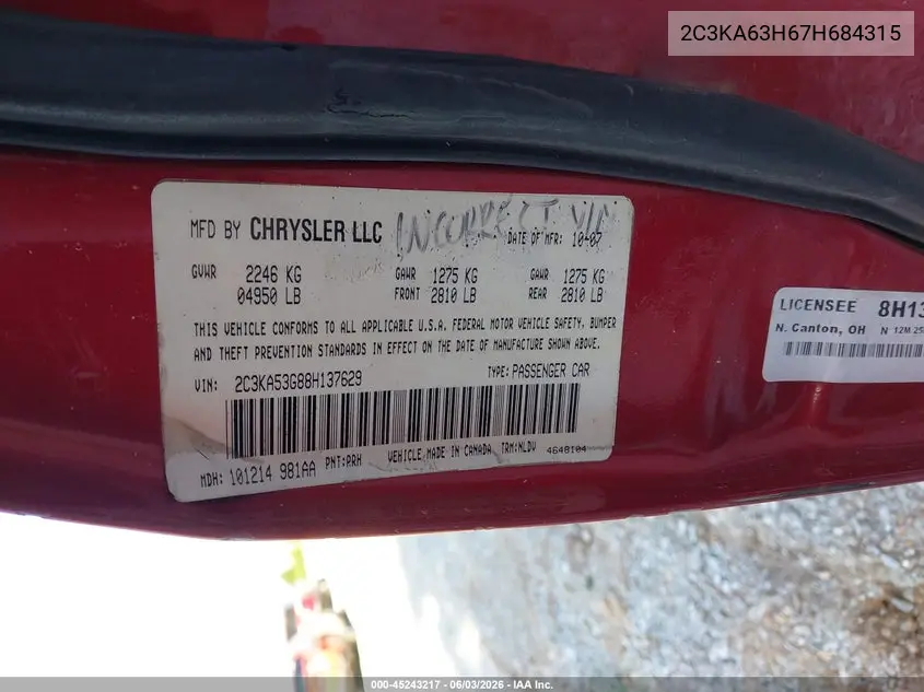 2007 Chrysler 300C VIN: 2C3KA63H67H684315 Lot: 45243217