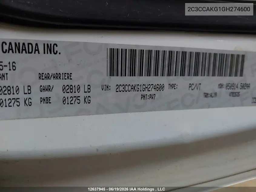 2016 Chrysler 300C VIN: 2C3CCAKG1GH274600 Lot: 12637945x