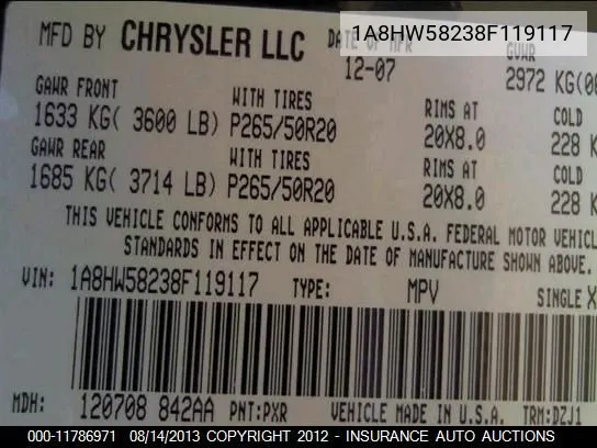 2008 Chrysler Aspen Limited VIN: 1A8HW58238F119117 Lot: 11786971