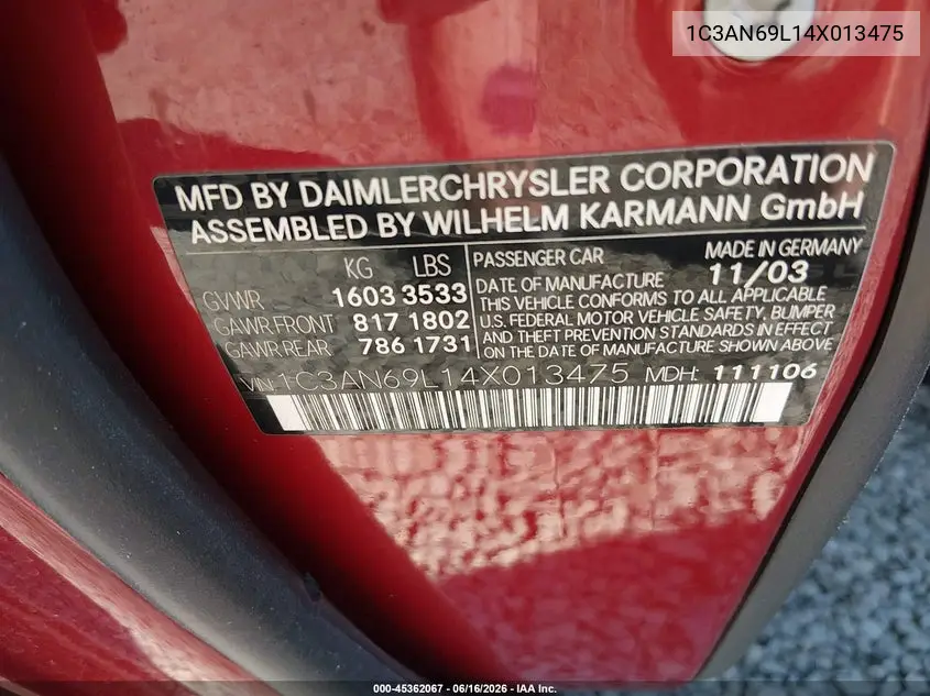 2004 Chrysler Crossfire VIN: 1C3AN69L14X013475 Lot: 45362067