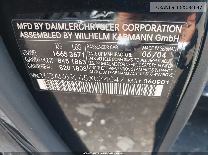 2005 Chrysler Crossfire Limited VIN: 1C3AN69L65X034047 Lot: 45363973