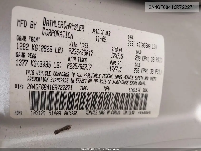 2006 Chrysler Pacifica Touring VIN: 2A4GF68416R722271 Lot: 45634251