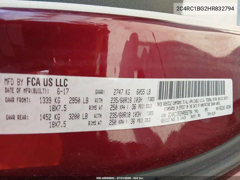 2017 Chrysler Pacifica Touring-L VIN: 2C4RC1BG2HR832794 Lot: 45680692