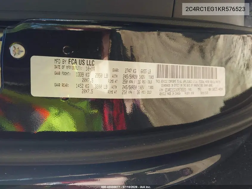 2019 Chrysler Pacifica Touring L Plus VIN: 2C4RC1EG1KR576523 Lot: 45580077