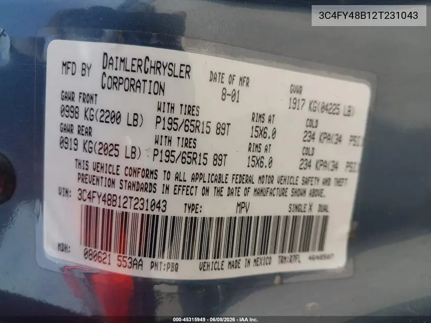 2002 Chrysler Pt Cruiser VIN: 3C4FY48B12T231043 Lot: 45315949
