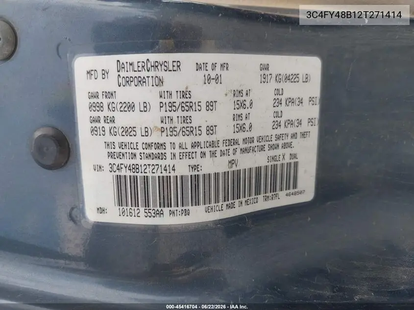 2002 Chrysler Pt Cruiser VIN: 3C4FY48B12T271414 Lot: 45416704