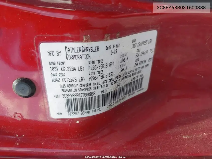 2003 Chrysler Pt Cruiser Limited VIN: 3C8FY68B03T600888 Lot: 45656827
