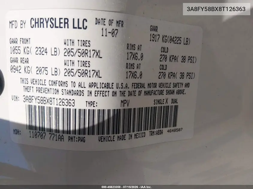 2008 Chrysler Pt Cruiser Touring VIN: 3A8FY58BX8T126363 Lot: 45623358