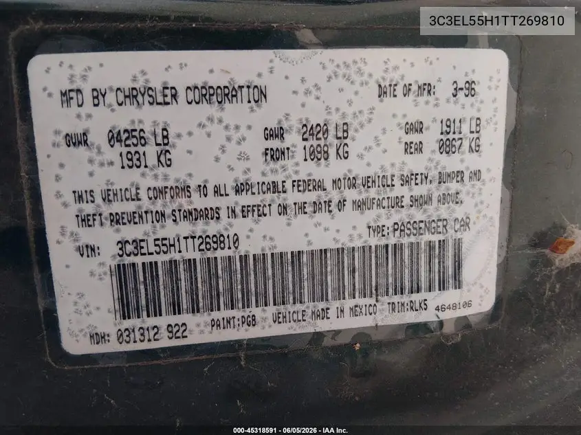 1996 Chrysler Sebring Jxi VIN: 3C3EL55H1TT269810 Lot: 45318591