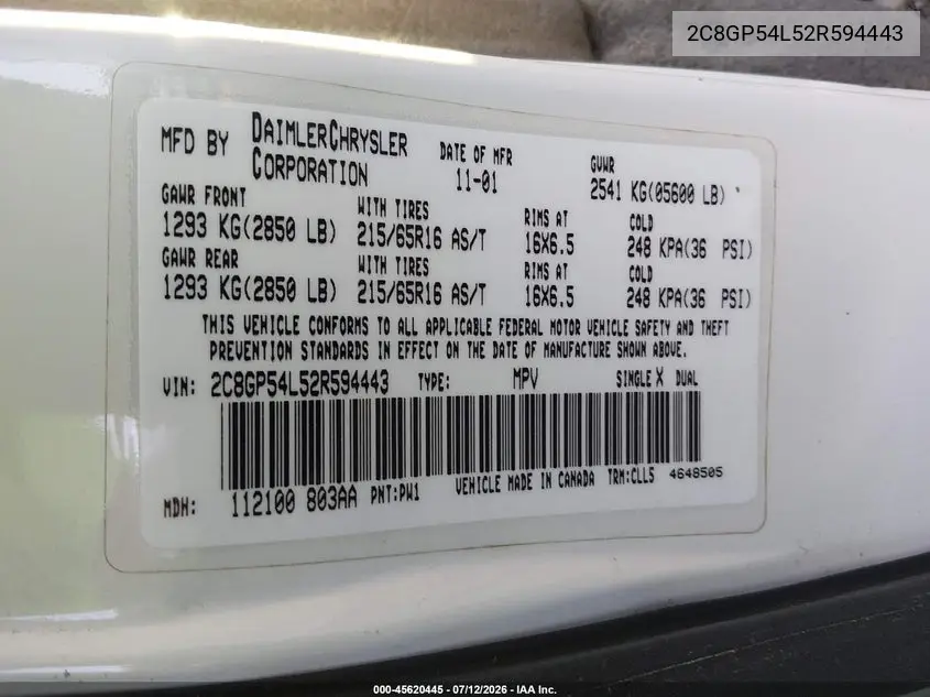 2002 Chrysler Town & Country Lxi VIN: 2C8GP54L52R594443 Lot: 45620445
