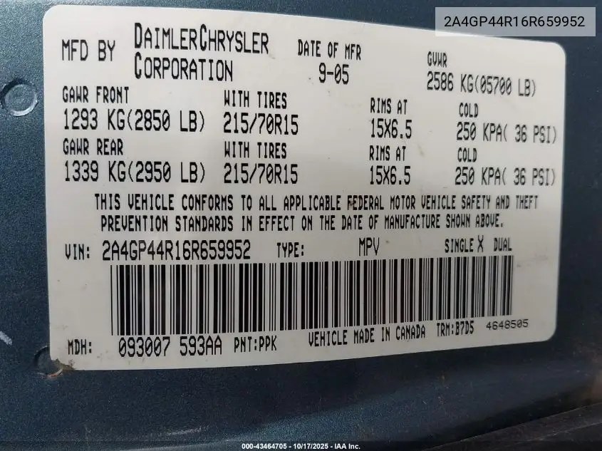 2A4GP44R16R659952 2006 Chrysler Town & Country Lx
