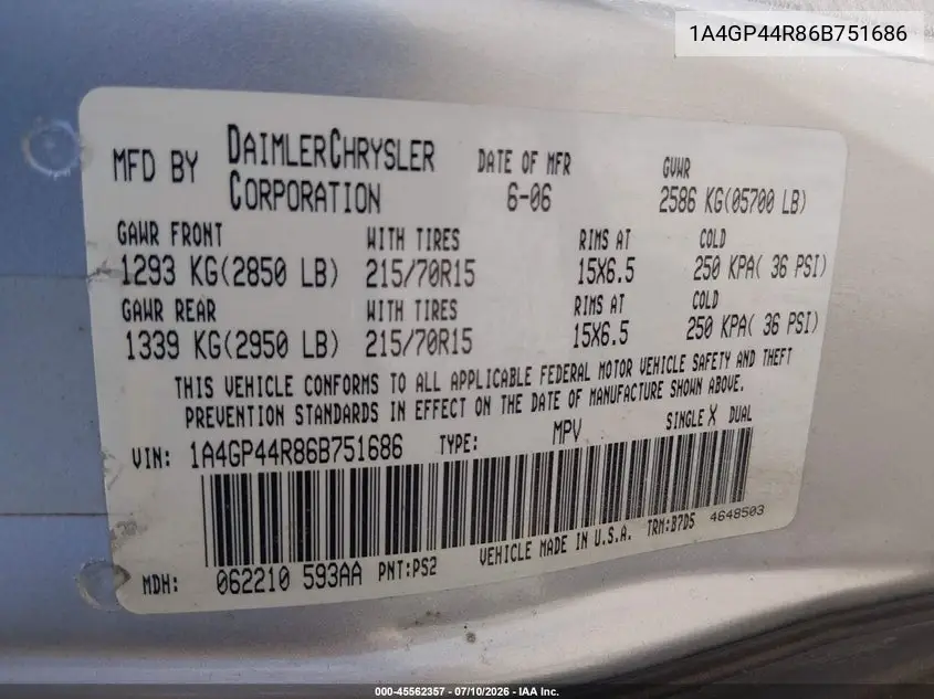 2006 Chrysler Town & Country Lx VIN: 1A4GP44R86B751686 Lot: 45562357
