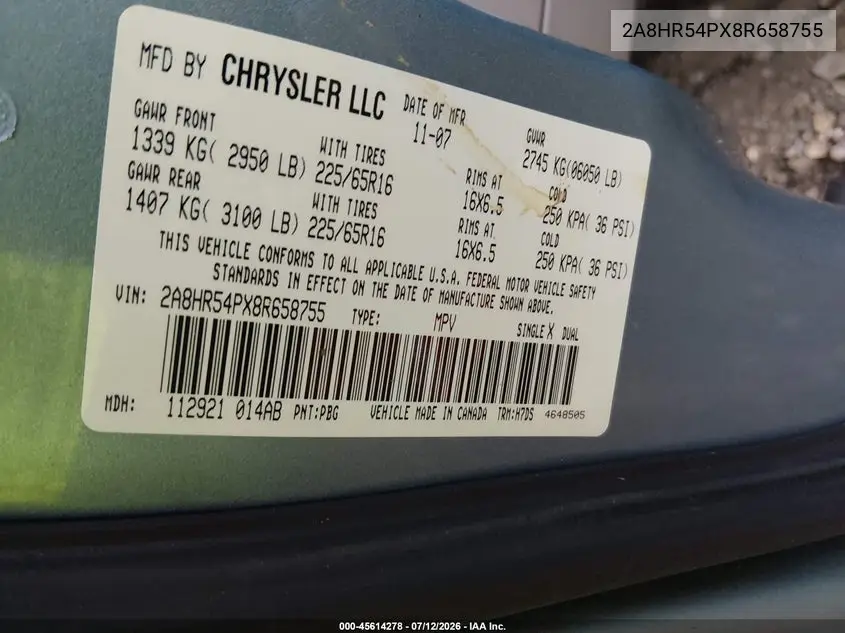 2008 Chrysler Town & Country Touring VIN: 2A8HR54PX8R658755 Lot: 45614278