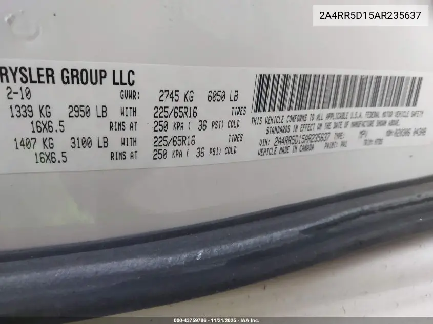2A4RR5D15AR235637 2010 Chrysler Town & Country Touring