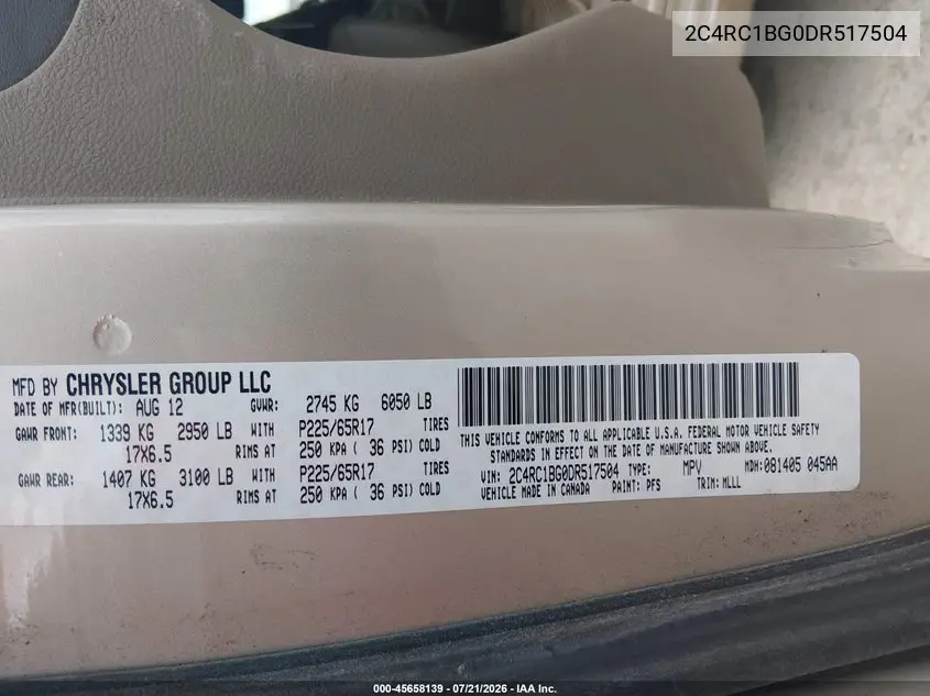 2013 Chrysler Town & Country Touring VIN: 2C4RC1BG0DR517504 Lot: 45658139