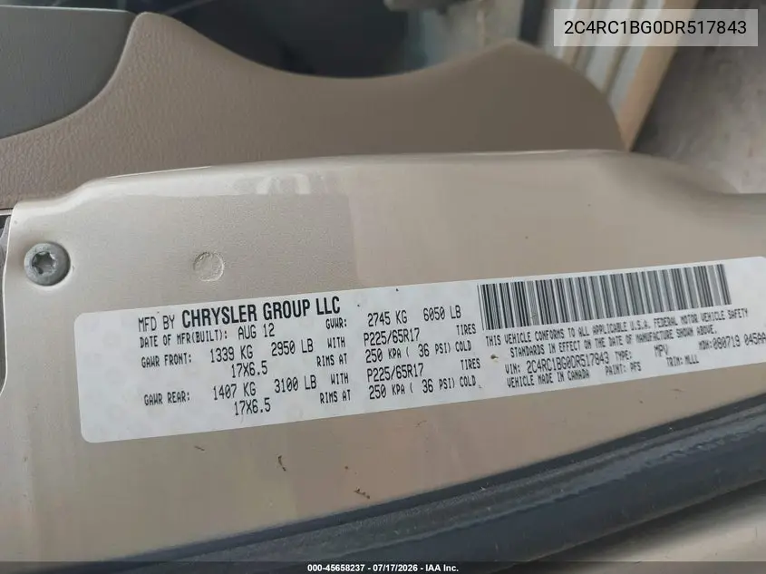 2013 Chrysler Town & Country Touring VIN: 2C4RC1BG0DR517843 Lot: 45658237