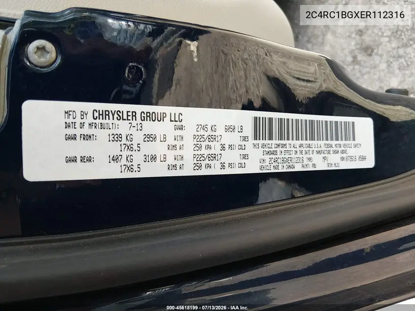 2014 Chrysler Town & Country Touring VIN: 2C4RC1BGXER112316 Lot: 45618199