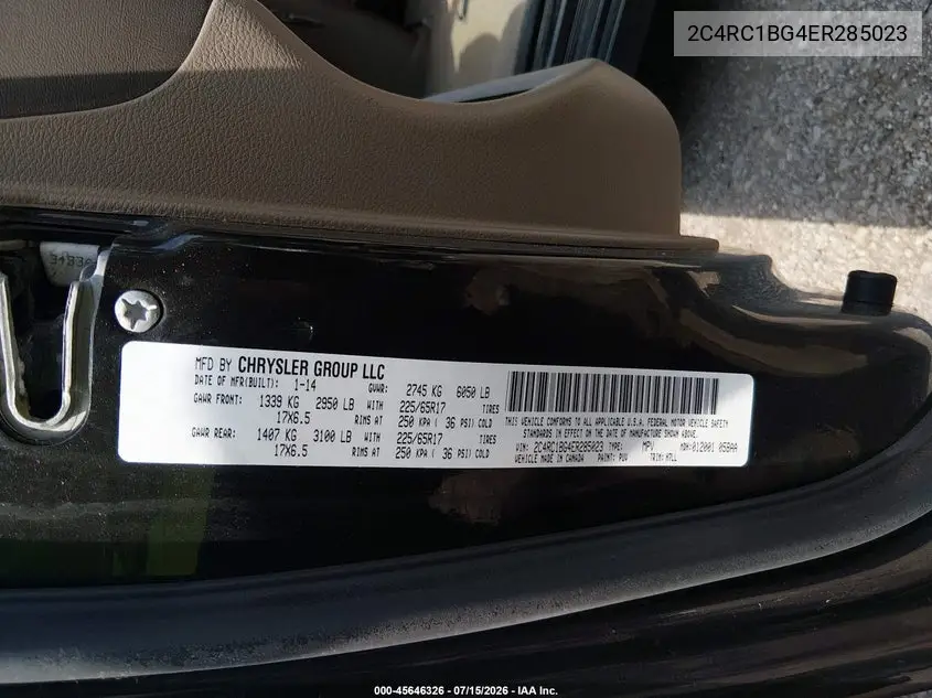 2014 Chrysler Town & Country Touring VIN: 2C4RC1BG4ER285023 Lot: 45646326