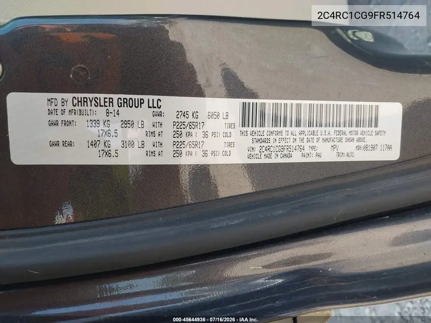 2015 Chrysler Town & Country Touring-L VIN: 2C4RC1CG9FR514764 Lot: 45644936