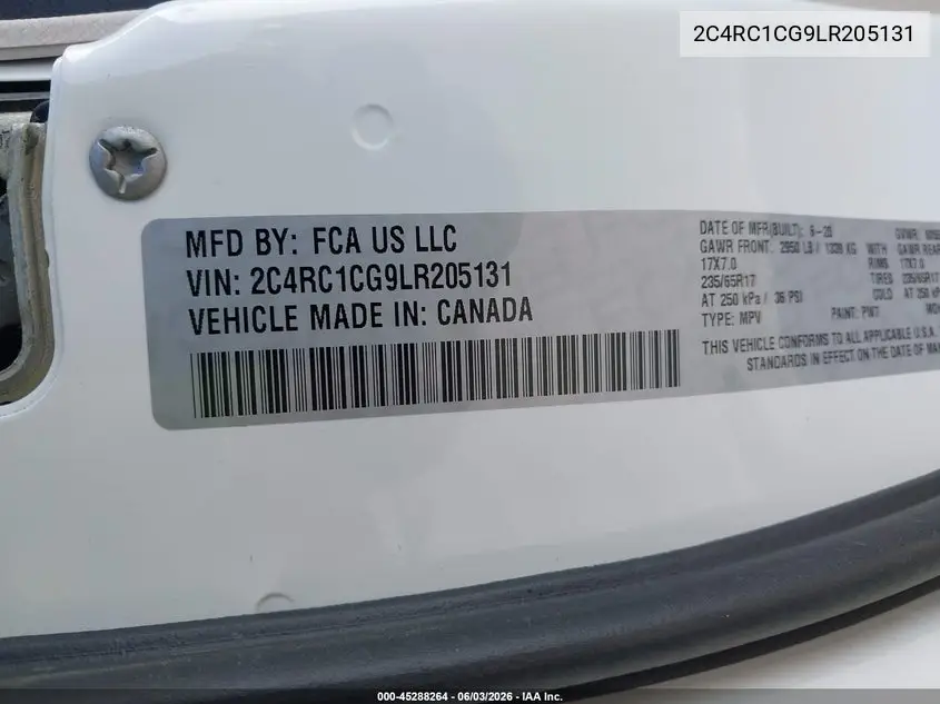 2020 Chrysler Voyager Lx VIN: 2C4RC1CG9LR205131 Lot: 45288264