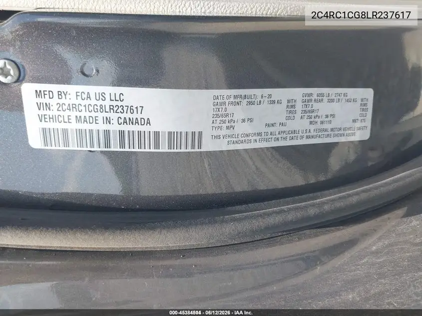 2020 Chrysler Voyager Lx VIN: 2C4RC1CG8LR237617 Lot: 45384504
