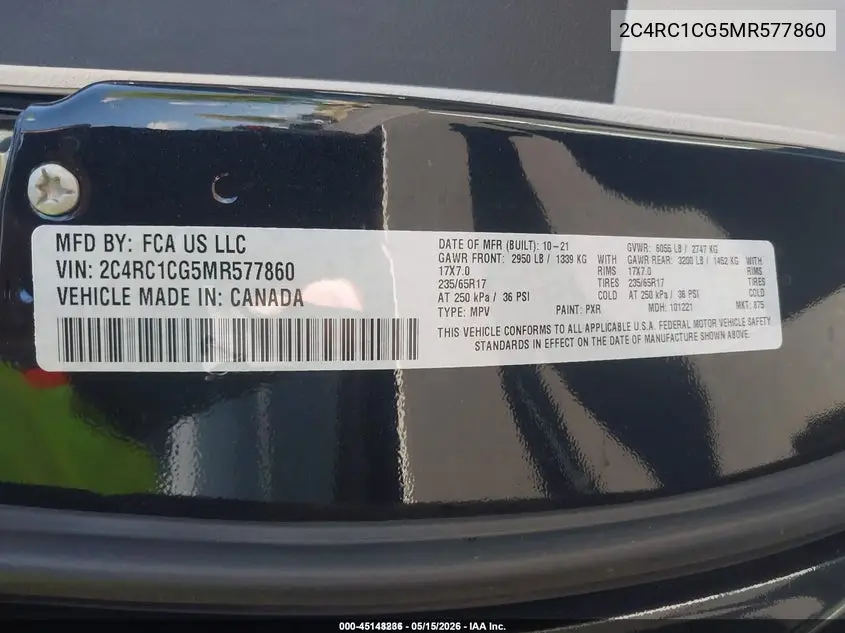 2021 Chrysler Voyager Lx VIN: 2C4RC1CG5MR577860 Lot: 45148236