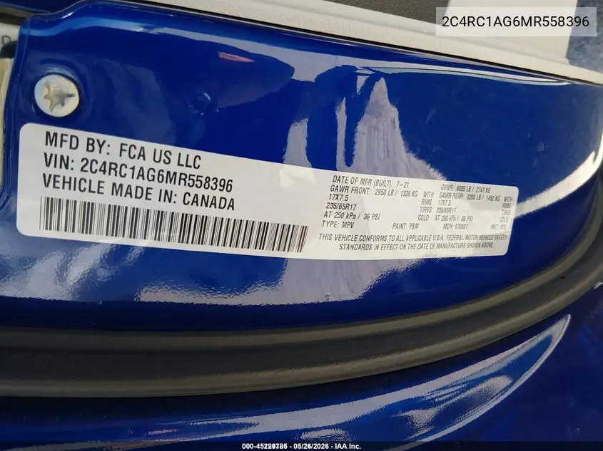 2021 Chrysler Voyager L VIN: 2C4RC1AG6MR558396 Lot: 45229786