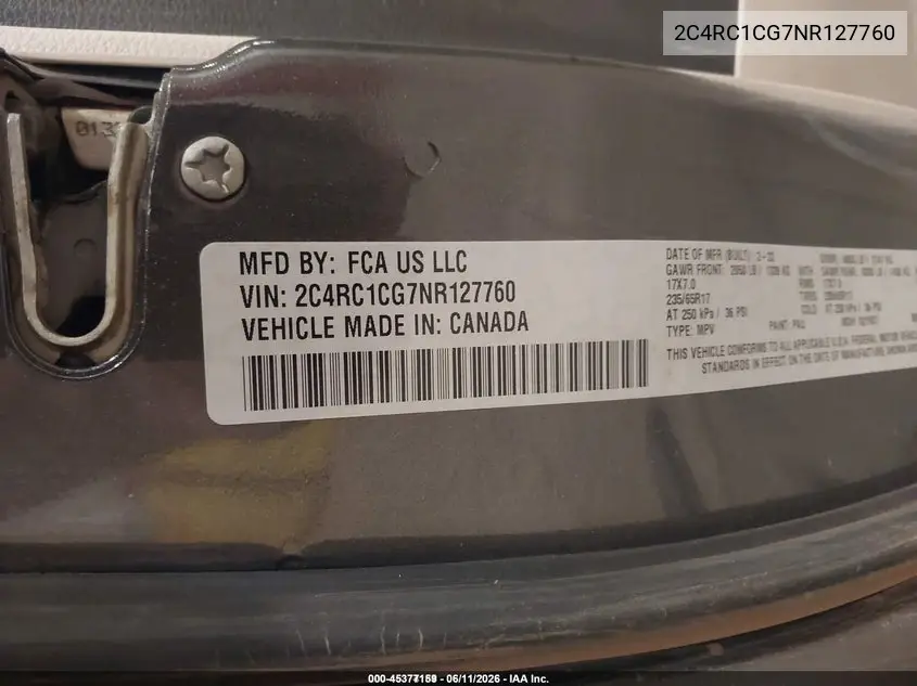 2022 Chrysler Voyager Lx VIN: 2C4RC1CG7NR127760 Lot: 45377159