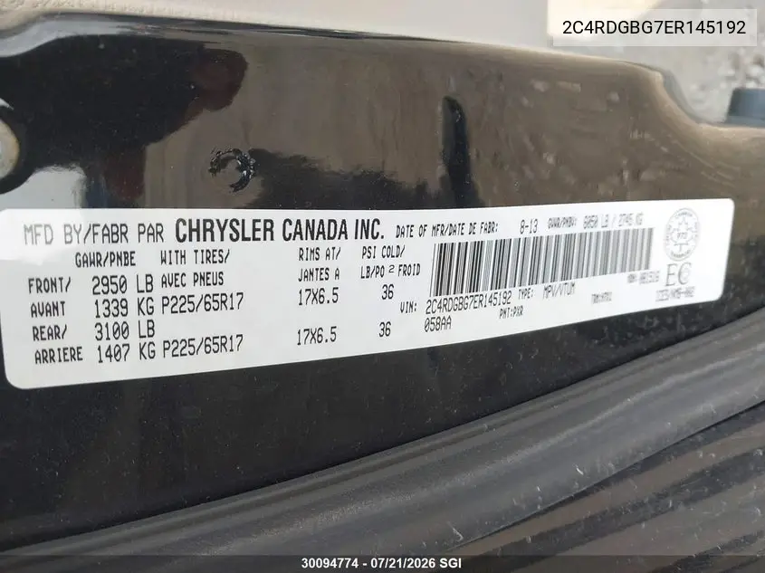 2014 Dodge Grand Caravan Se VIN: 2C4RDGBG7ER145192 Lot: 30094774