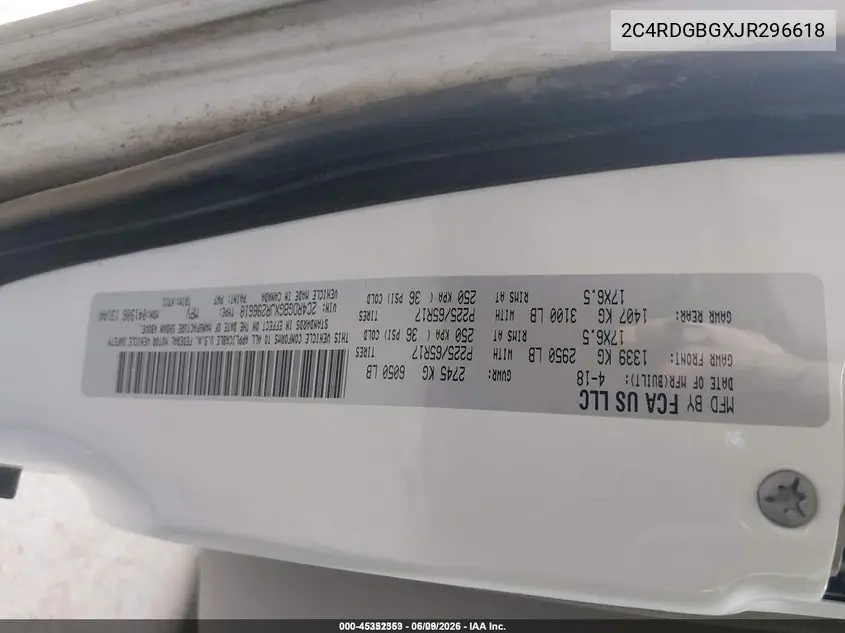 2018 Dodge Grand Caravan Se VIN: 2C4RDGBGXJR296618 Lot: 45352353