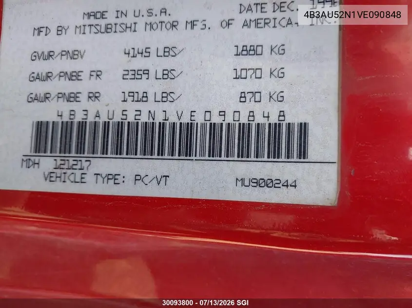 1997 Dodge Avenger Es VIN: 4B3AU52N1VE090848 Lot: 30093800