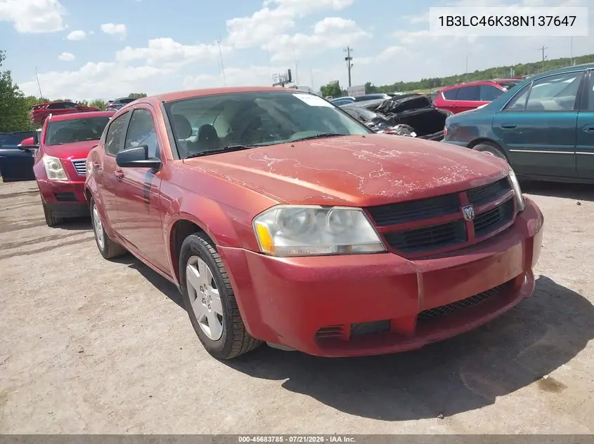 2008 Dodge Avenger Se VIN: 1B3LC46K38N137647 Lot: 45683785