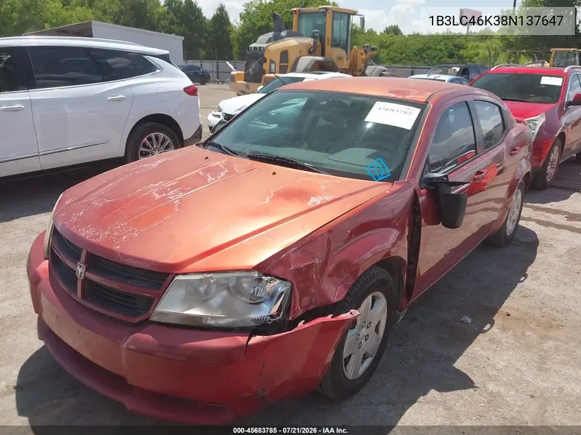 2008 Dodge Avenger Se VIN: 1B3LC46K38N137647 Lot: 45683785