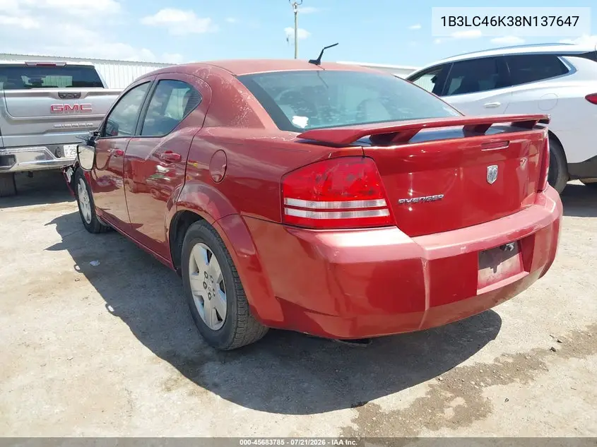 2008 Dodge Avenger Se VIN: 1B3LC46K38N137647 Lot: 45683785